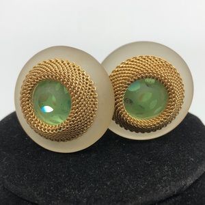 Vtg KIEN earrings 1.5 inches satin glass Gold tone mesh Lime green main stone
